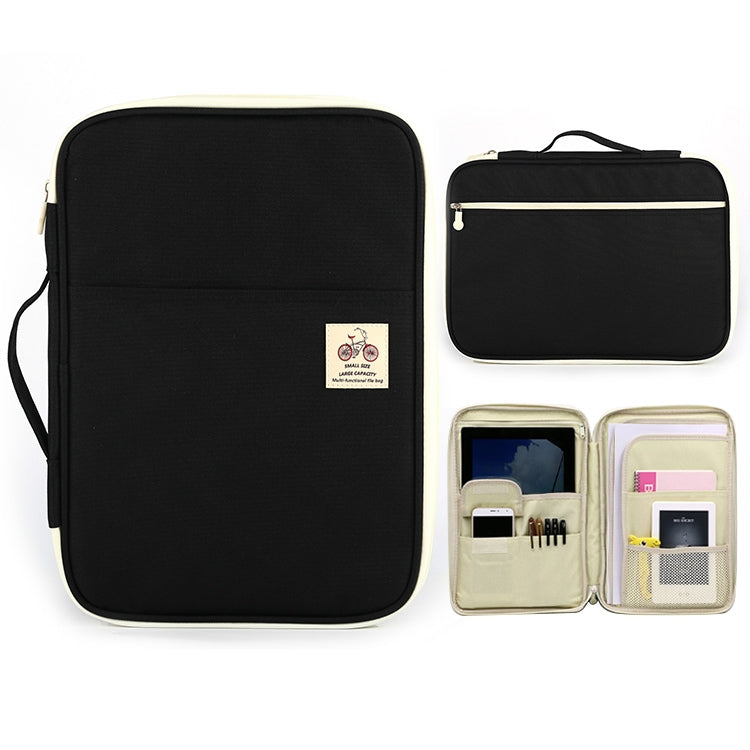 Black zippered A4 document folder with top handle and front zipper pocket