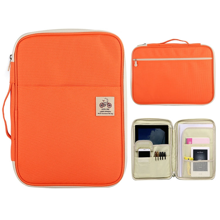 Orange zippered A4 document folder with top handle and front pocket