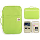Green zippered A4 document folder with top handle and front zipper pocket