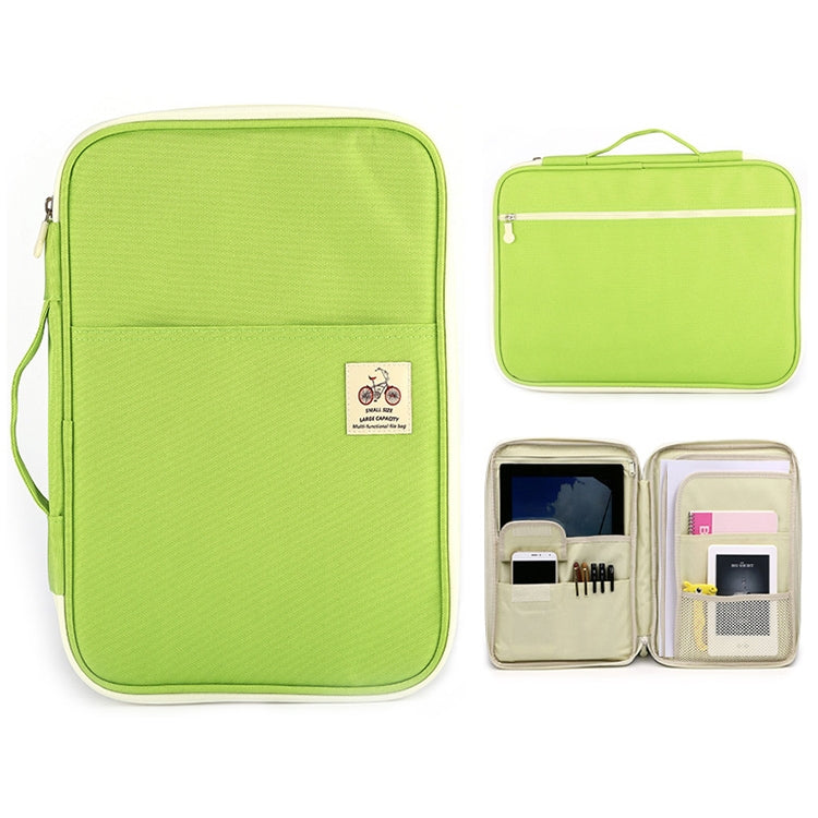 Green zippered A4 document folder with top handle and front zipper pocket