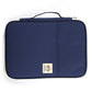 Navy zippered document folder, flat front view, top handle and stitched panel