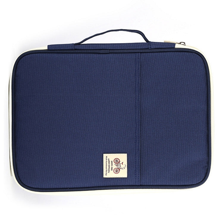 Navy zippered document folder, flat front view, top handle and stitched panel