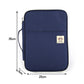 Navy document folder bag with label, side strap, and zipper pocket (size shown)