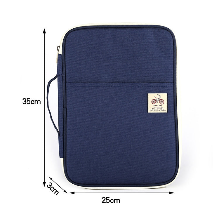 Navy document folder bag with label, side strap, and zipper pocket (size shown)
