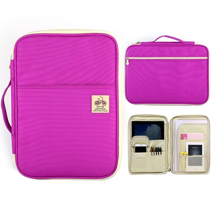 Purple zippered A4 document folder with top handle and front pocket