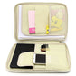 Open beige document folder with mesh pocket, card slots, and pen holder
