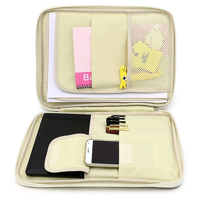 Open beige document folder with mesh pocket, card slots, and pen holder