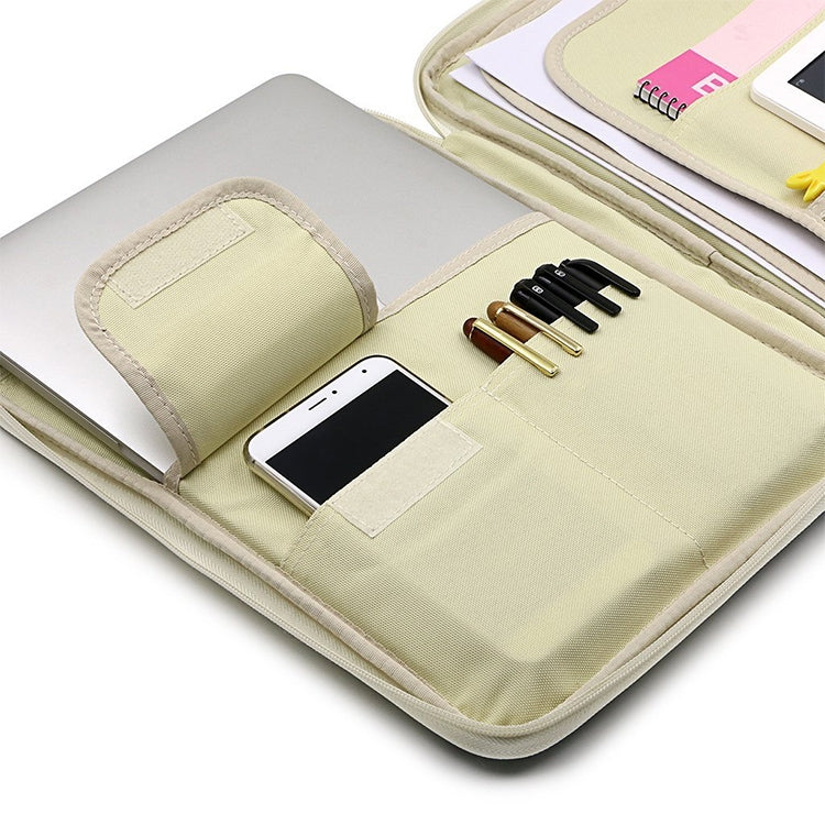 Cream A4 zipper document folder with elastic pen pockets and phone slot