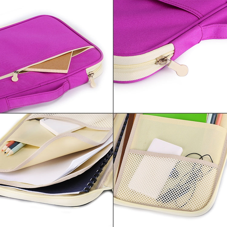 Purple A4 zipper document folder with front pocket and pen holders