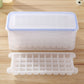 Multi-layer square ice mold tray inside clear storage box with blue rim