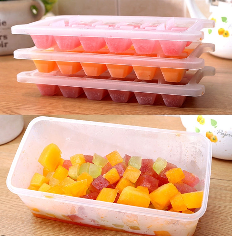 Stacked multi-layer ice trays with cube molds and a box of mixed ice cubes