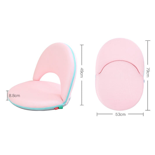 Pink folding nursing chair with curved backrest and oval seat, size diagram shown