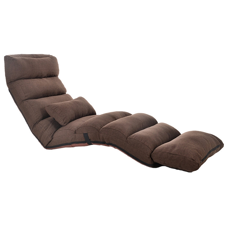 Foldable single recliner floor chair in dark brown, padded backrest and leg cushions