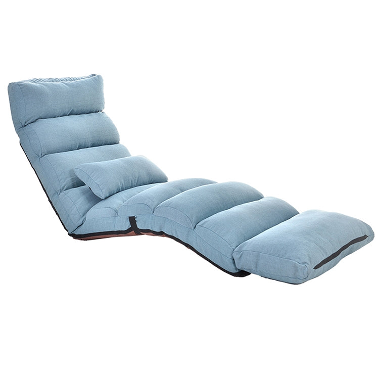 Foldable single recliner floor chair in light blue, padded backrest and seat cushions