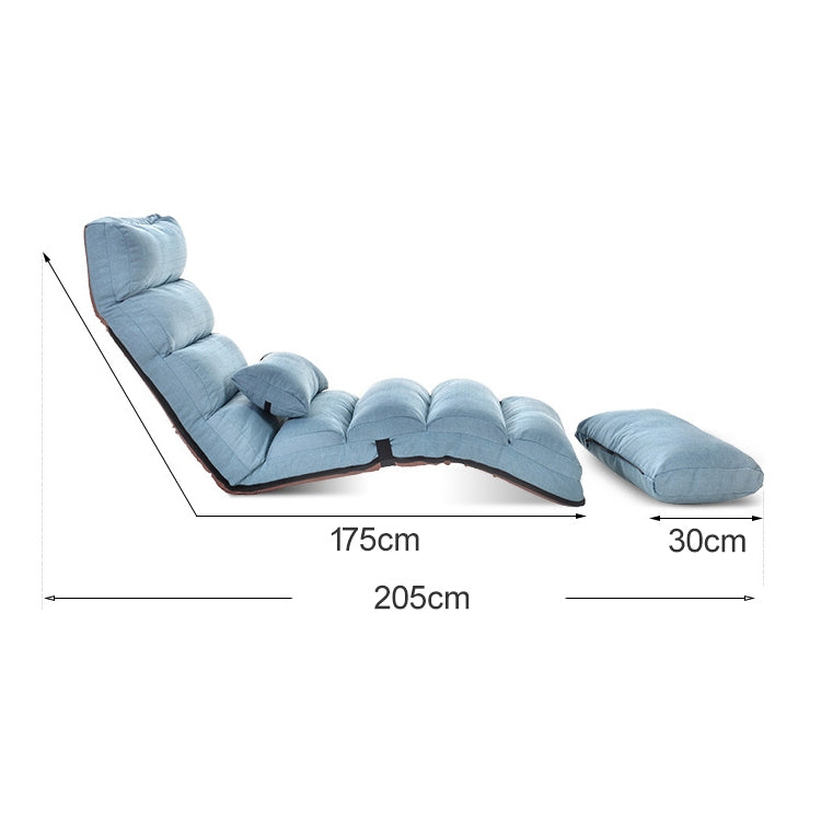 Blue foldable floor reclining lounge chair with padded sections and footrest, with measurements