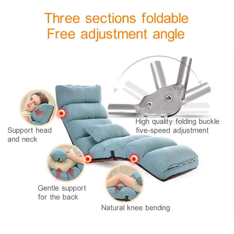 Blue foldable floor recliner lounge chair with adjustable reclining sections and padded head support