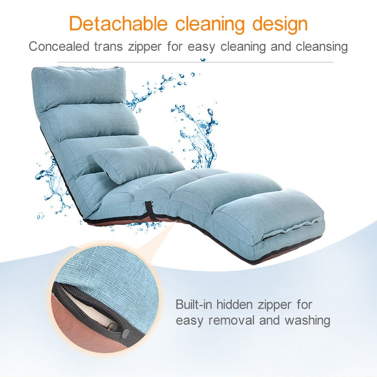 Blue foldable floor recliner with removable cover zipper detail on the seat cushion