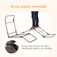 Foldable metal support frame for a blue floor reclining chair with truss brackets