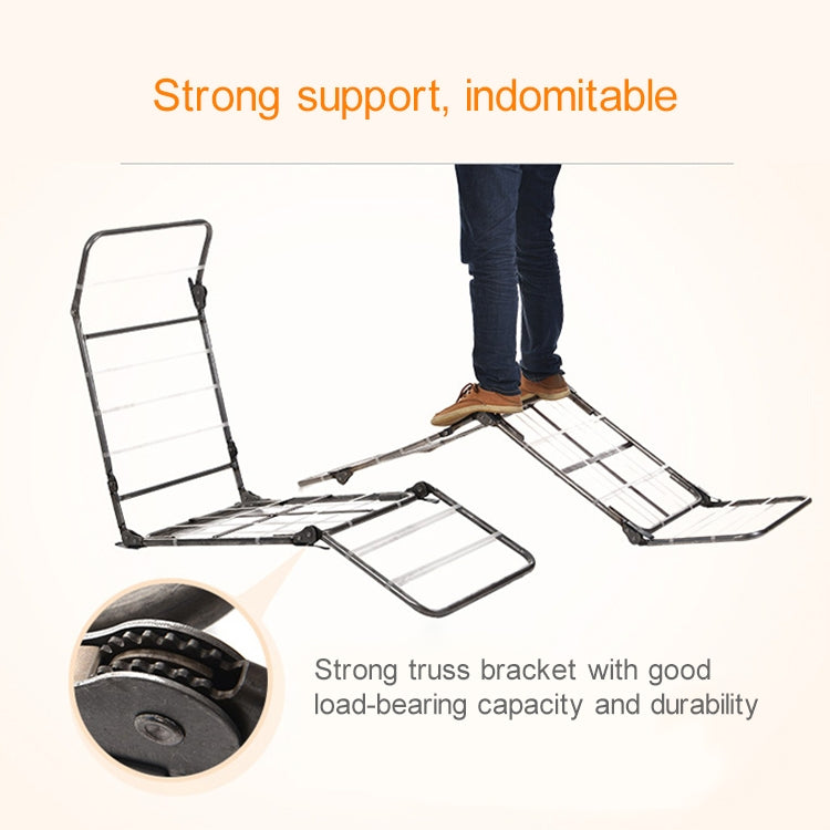 Foldable metal support frame for a blue floor reclining chair with truss brackets