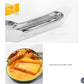 Stainless steel watermelon cutter with long handle and cutting wheel above fruit