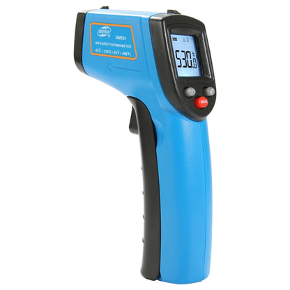 Handheld digital infrared thermometer with blue body and black grip, LCD shows 53.8