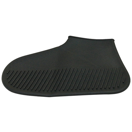 Black waterproof silicone shoe cover with textured anti-slip sole tread