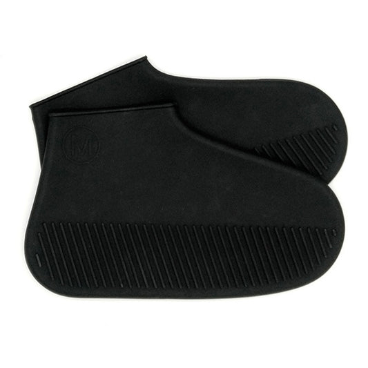 Black waterproof silicone shoe cover with ribbed anti-slip sole and toe opening