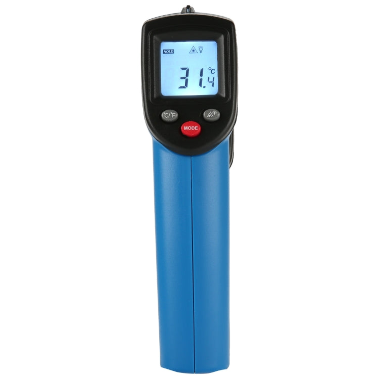 Handheld digital infrared thermometer in blue and black with backlit LCD reading 31.4