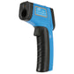 Handheld digital infrared thermometer angled view with infrared sensor opening and blue shell