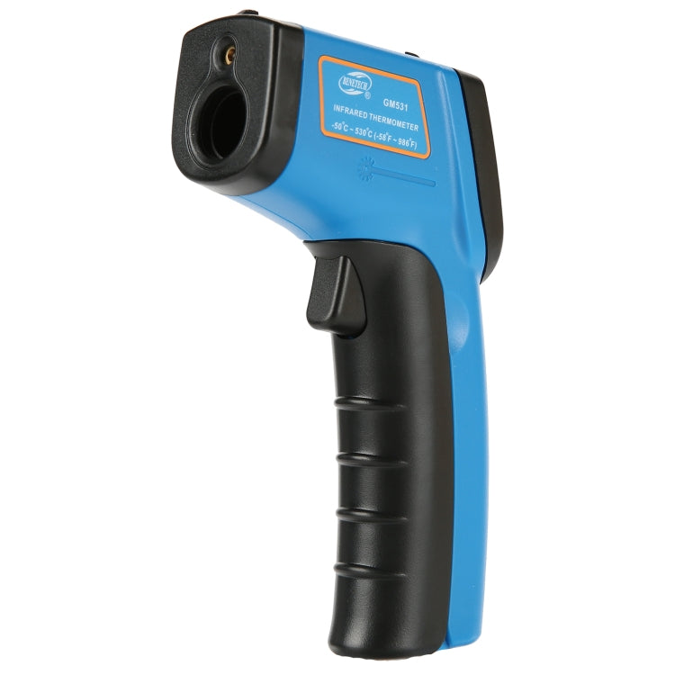 Handheld digital infrared thermometer angled view with infrared sensor opening and blue shell