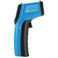 Handheld digital infrared thermometer side view with blue handle and black trigger button