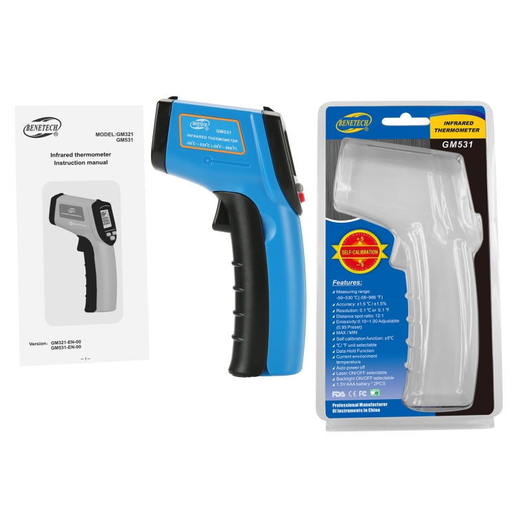 Handheld digital infrared thermometer with blue body shown with retail packaging