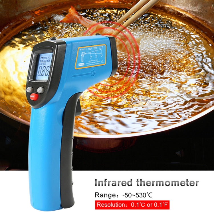 Handheld digital infrared thermometer with blue handle and black screen displaying 61.8