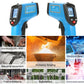 Handheld digital infrared thermometer shown from two angles with blue body and LCD screens