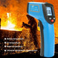 Handheld digital infrared thermometer close-up with blue body and LCD reading 53.8