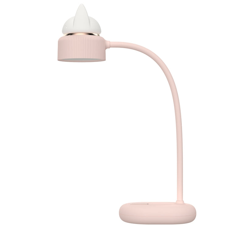 Pink cat-shaped LED desk lamp with ribbed shade and curved neck on round base
