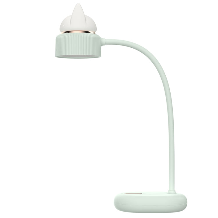 Cat-shaped LED desk lamp with mint-green shade and curved gooseneck base
