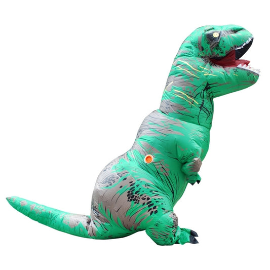 Inflatable green-and-gray dinosaur costume with hood, orange eye accents, and long tail.