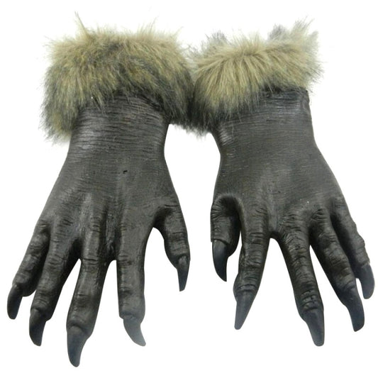 Pair of gray latex wolf gloves with green faux-fur cuffs and pointed finger tips