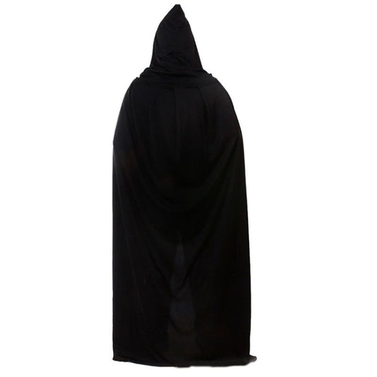 Black hooded cloak with pointed hood and flowing drape