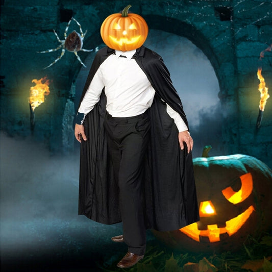 Black hooded devil cape with draped shoulders, worn over white shirt and black pants
