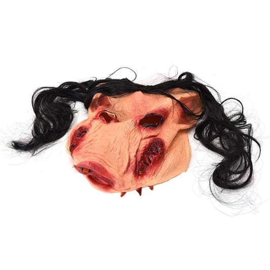 Latex pig head cap mask with curly black hair and pink pig face, side view