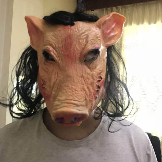 Latex pig head cap mask with curly black hair and pink snout