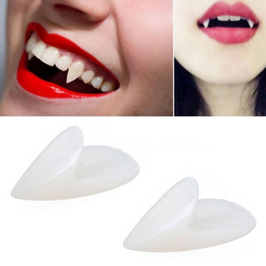 White vampire fang teeth dentures worn in mouth