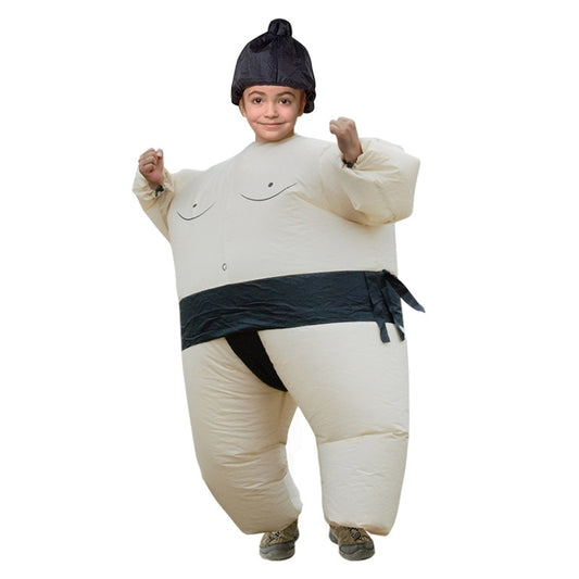 Children's inflatable sumo costume in white with black belt and hood, arms raised