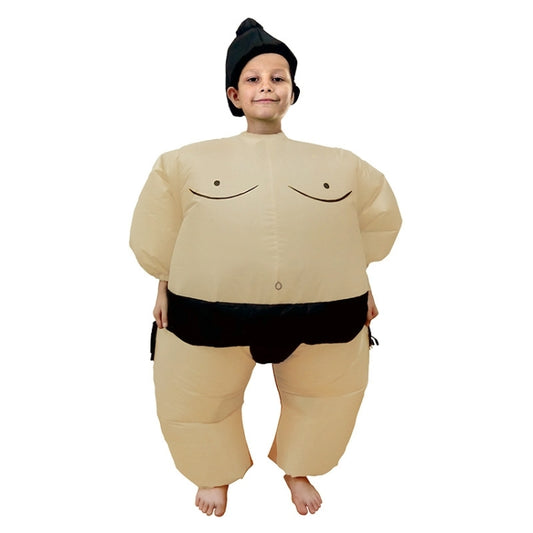 Children's inflatable sumo costume in tan with black belt and face cartoon eyes