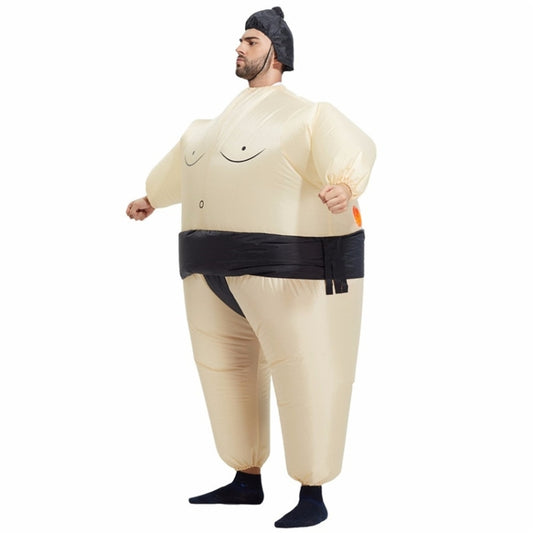 Inflatable sumo wrestler costume with tan fabric and black waist belt, side view