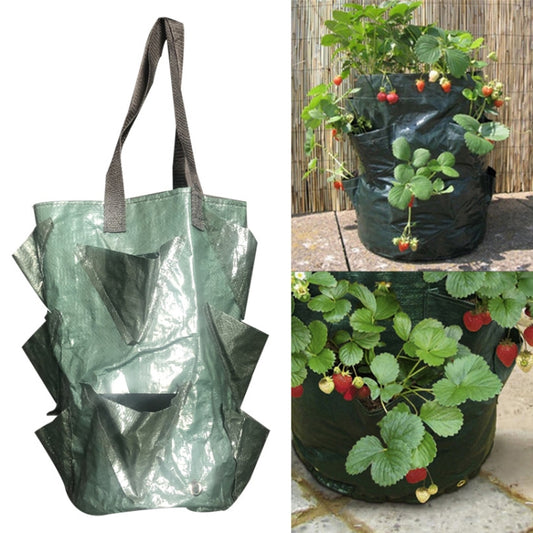 Green hanging planting bag with wide handles, crinkled fabric planter