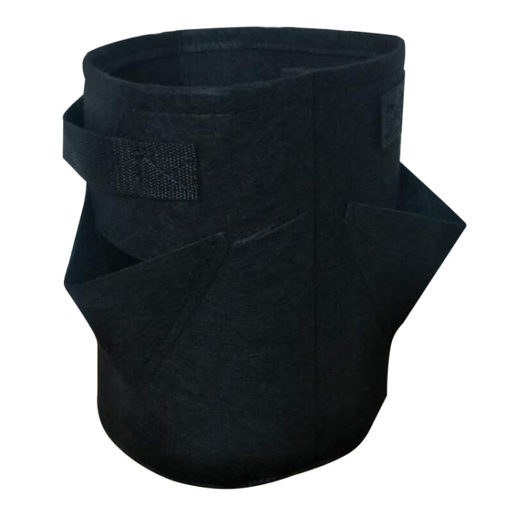 Black felt planting bag with wide top rim and stitched side pocket openings