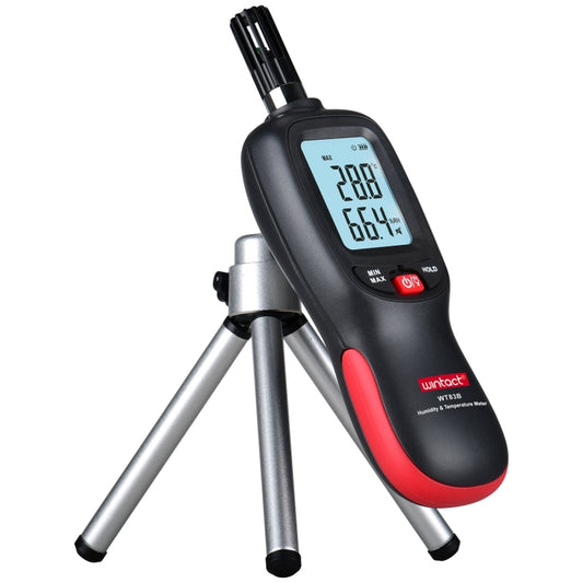 Digital humidity and temperature meter with tripod stand, LCD screen, and probe.